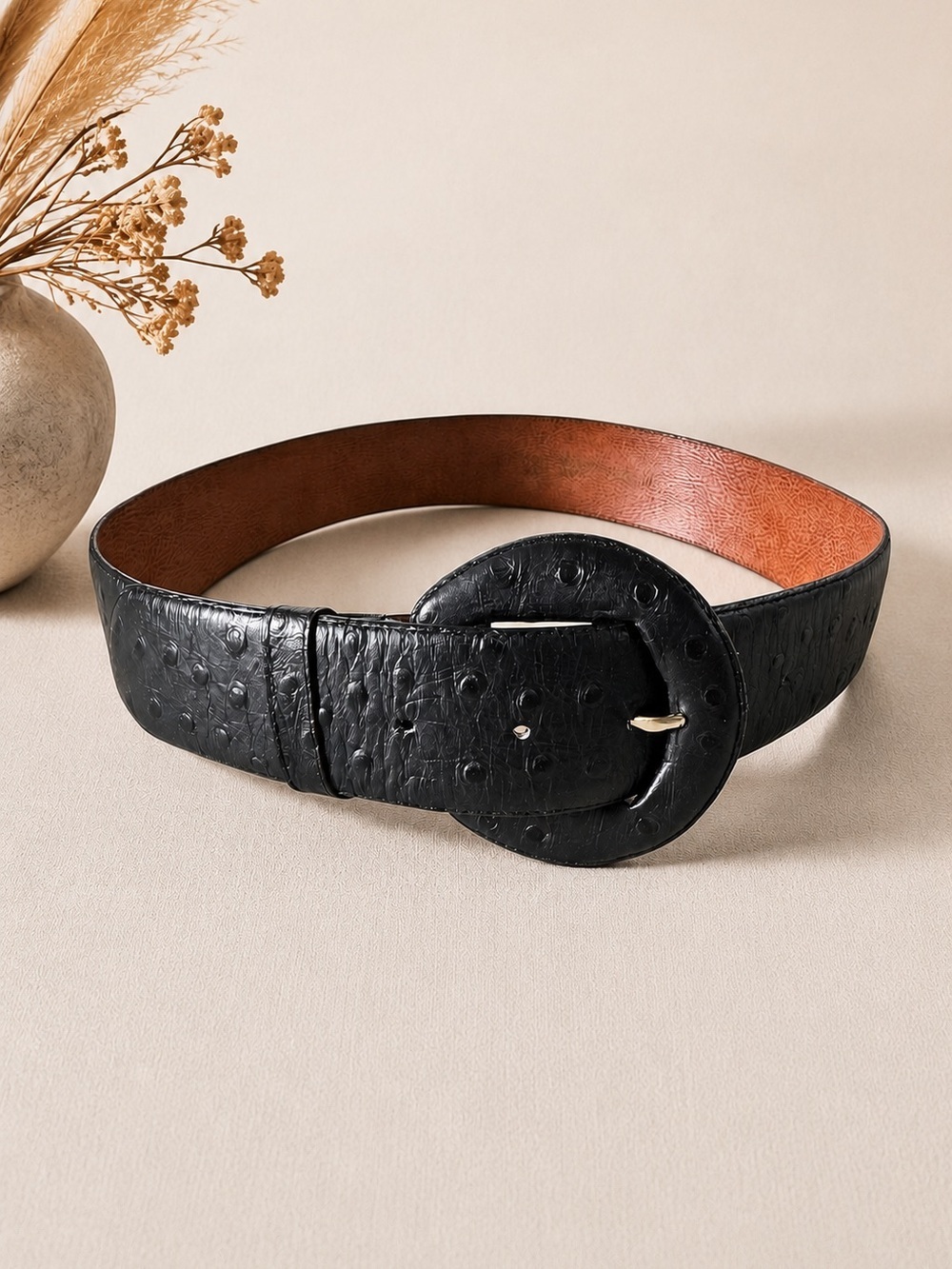 VTG Black Ostrich Embossed Leather Belt Oval Buckle Wide Waist Belt Boho Western